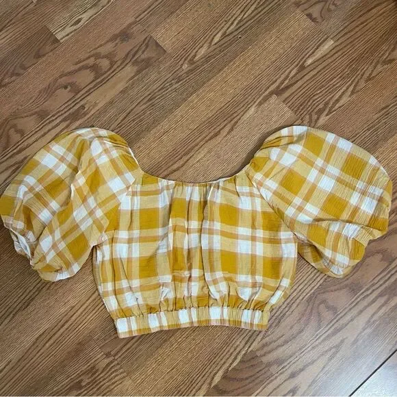 MNG by Mango Yellow Plaid Cotton Cropped Peasant Top Sz-S NWT! - Picture 3 of 9